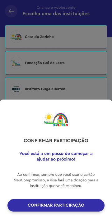 alt= "Tela aplicativo Meu Compromisso, área para confirmar participação para doar sem gastar nada"